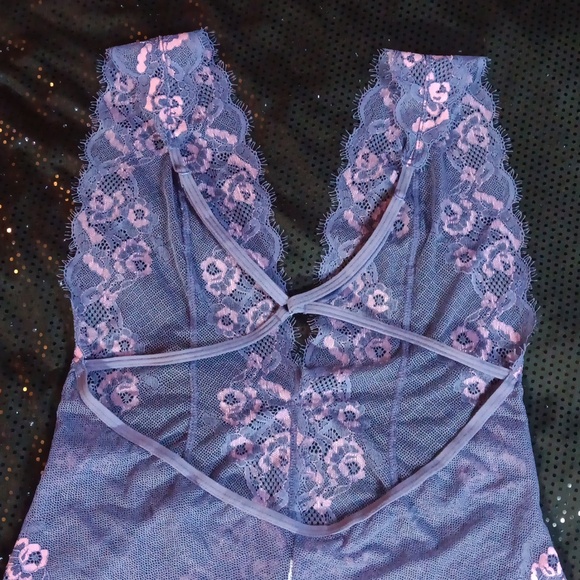 Doll Kill Purple & Pink Lace Deep V,  Criss-cross Back Teddy With Cutouts (M-L) - Picture 12 of 15